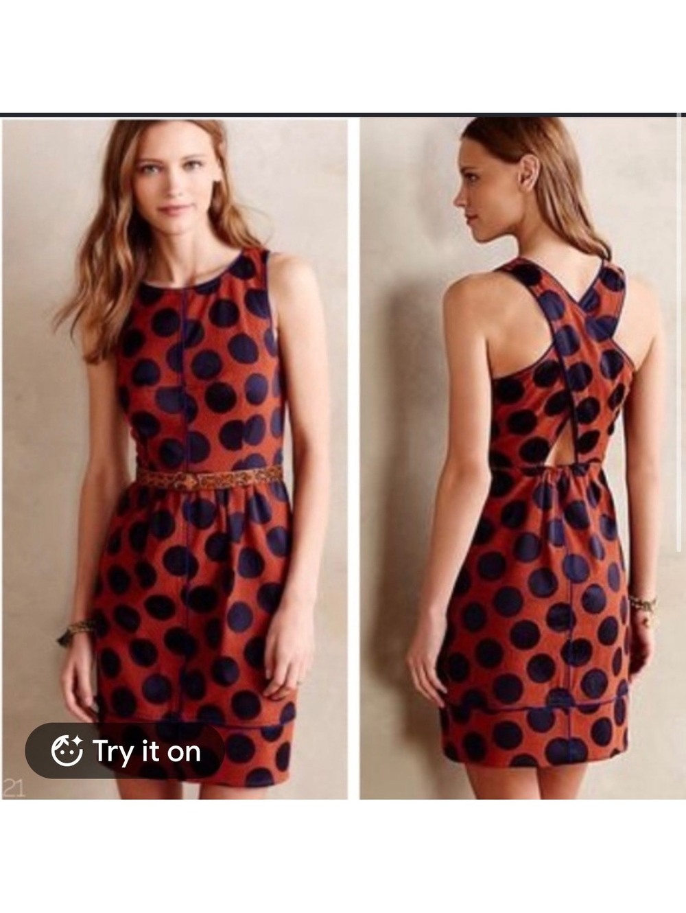 Anthropologie Maeve Orange and Navy Polka Dot Sleeveless Dress
